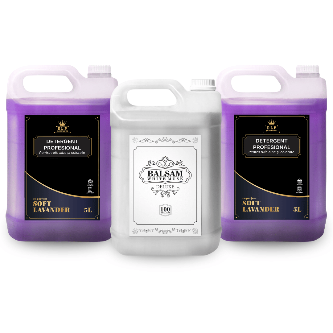 Pachetul cu 2x Detergent Profesional Soft Lavender 5L + 1x Balsam White Musk Deluxe 5L