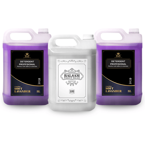 Pachetul cu 2x Detergent Profesional Soft Lavender 5L + 1x Balsam White Musk Deluxe 5L