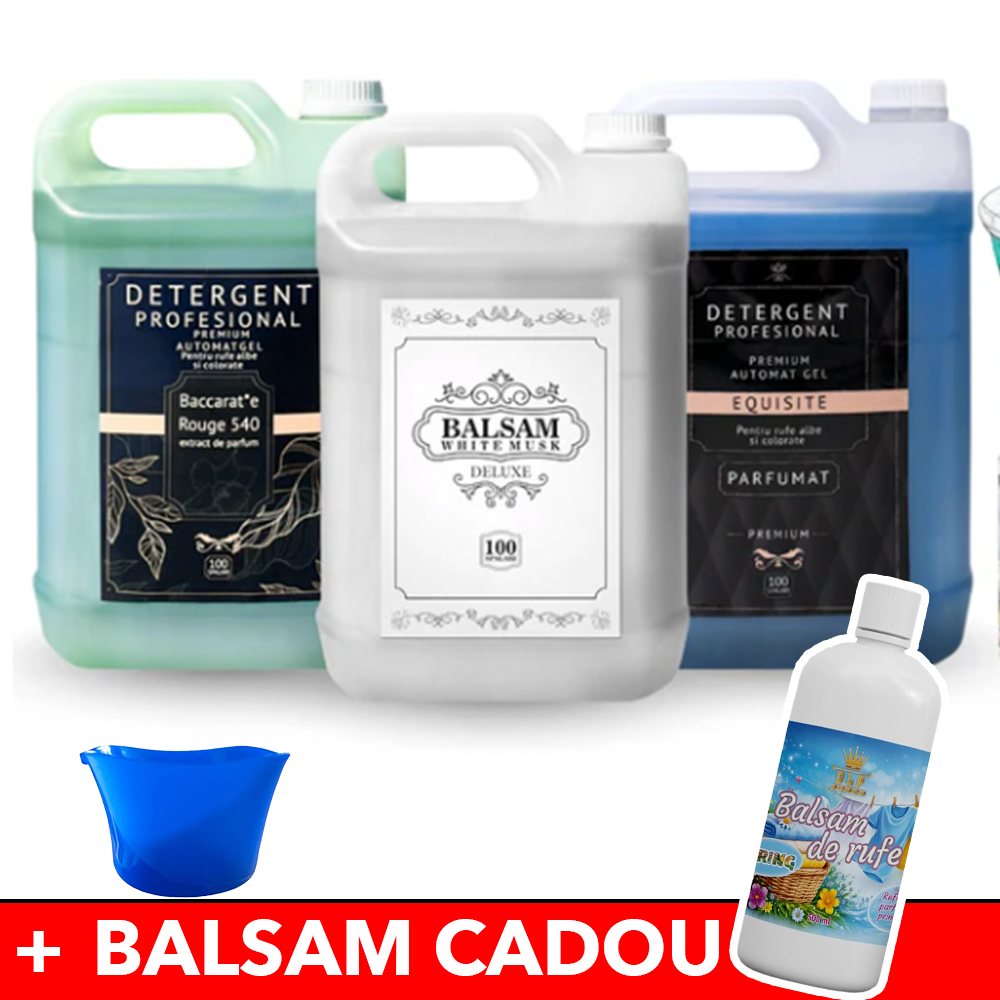 Pachetul cu 1x Detergent Profesional Equisite + 1x Detergent Profesional Baccarat + 1x Balsam White Musk Deluxe + 1 BALSAM CADOU