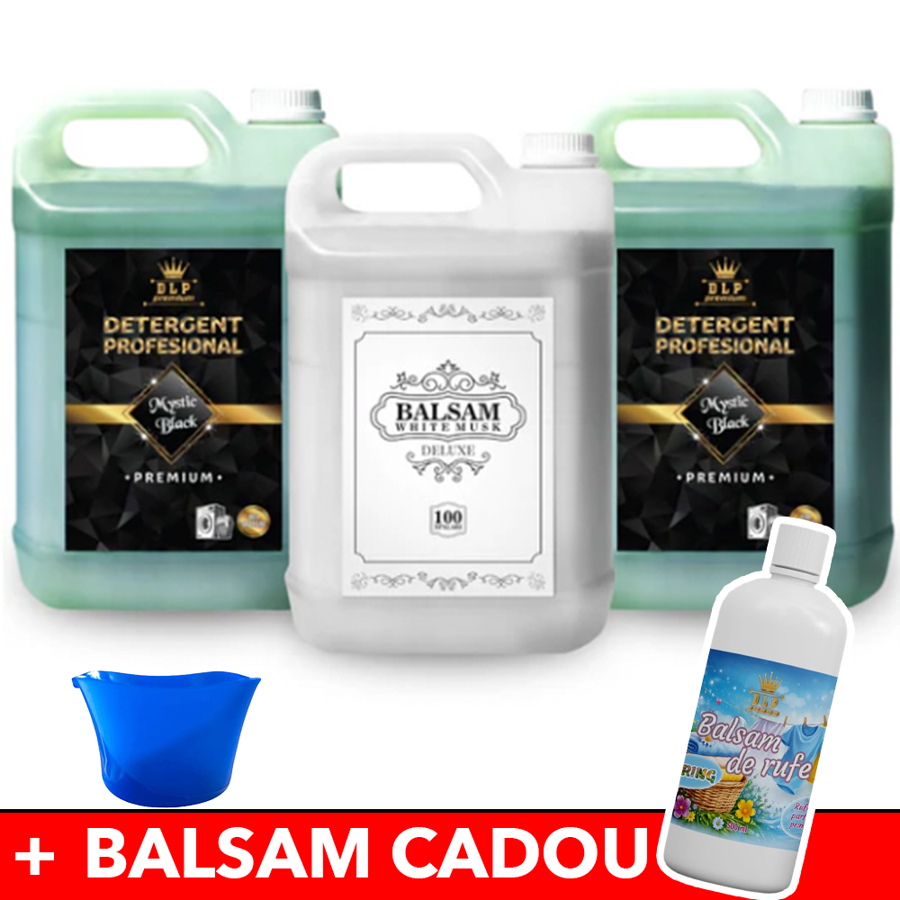 Pachetul cu 2x Detergent Profesional Mystic Black + 1x Balsam White Musk Deluxe + 1x Balsam de Rufe cu Miros de Primavara