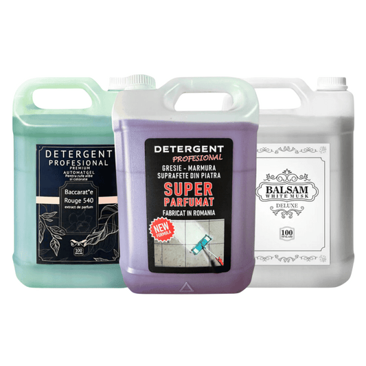 Pachetul cu 1x Detergent Profesional Baccarat + 1x Detergent Pardoseala + 1x Balsam White Musk Deluxe