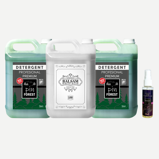 Pachet 2x Detergent Profesional Premium Automat Gel - Fresh Pin Forest 5L + 1x Balsam de rufe 5L White Musk Deluxe