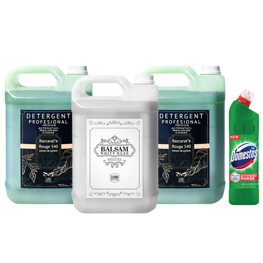 Pachetul cu 2x Detergent Profesional Baccarat + 1x Balsam White Musk Deluxe + 1x Dezinfectant Toaleta Cadou