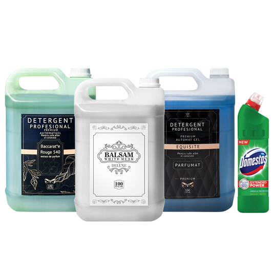 Pachetul cu 1x Detergent Profesional Equisite + 1x Detergent Profesional Baccarat + 1x Balsam White Musk Deluxe + 1x Dezinfectant Toaleta