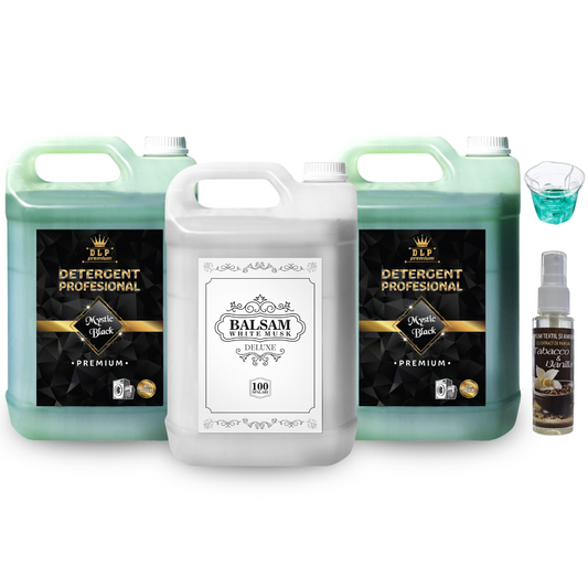Pachetul cu 2x Detergent Profesional Mystic Black + 1x Balsam White Musk Deluxe + 1x Parfum de rufe Tabacco Vanilla