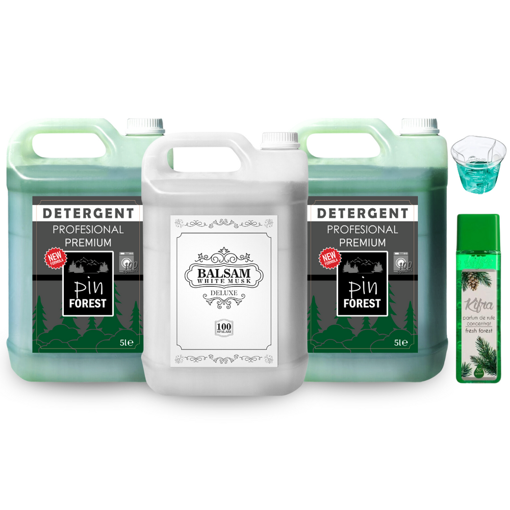 Pachetul cu 2x Detergent Profesional Pin Forest + 1x Balsam White Musk Deluxe + 1x Parfum de rufe Fresh Forest