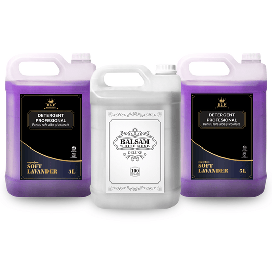 Pachetul cu 2x Detergent Profesional Soft Lavender 5L + 1x Balsam White Musk Deluxe 5L