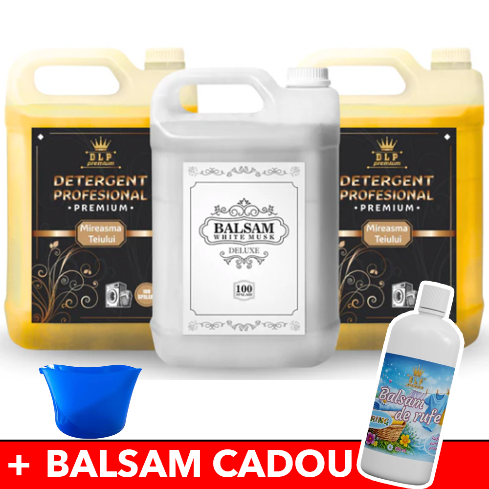 Pachetul cu 2x Detergent Profesional Mireasma Teiului + 1x Balsam White Musk Deluxe + CADOU Balsam de Rufe cu Miros de Primavara